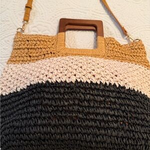 Elegant Woven Crossbody Bag in Tan, Cream, and Black